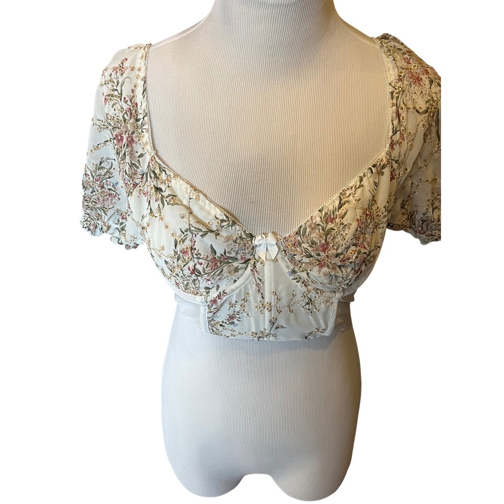 Cider Floral Mesh Bustier Top White Gold Embroidery Whimsical Cottagecore XS